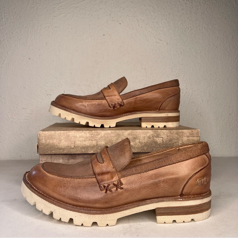 Bed Stu Tan Brown Leather Lug Sole Penny Loafers